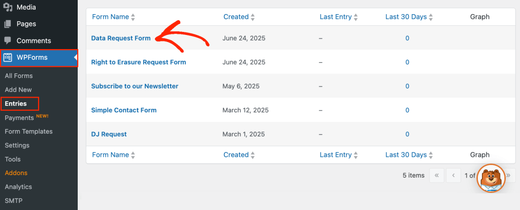 Affichage des demandes de données dans le tableau de bord WordPress Viewing data requests in the WordPress dashboard