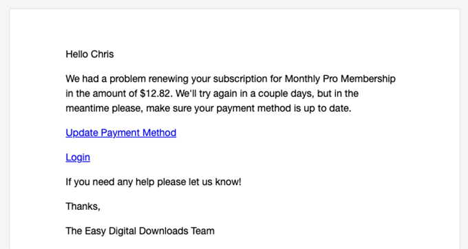 E-mail de mise à jour du mode de paiement EDD EDD update payment method email