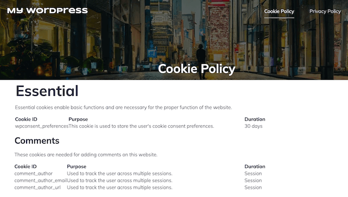 Un exemple de politique de cookies détaillée et générée automatiquement An example of an automatically-generated, detailed cookie policy