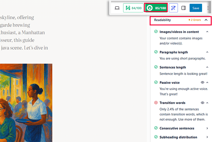 AIOSEO présente une analyse de lisibilité pour optimiser le contenu pour la visibilité de la recherche IA AIOSEO showing readability analysis to optimize content for AI search visibility