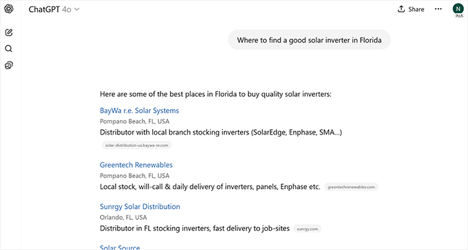 ChatGPT affiche les résultats de recherche pour une phrase de recherche transactionnelle ChatGPT showing search results for a transactional search phrase